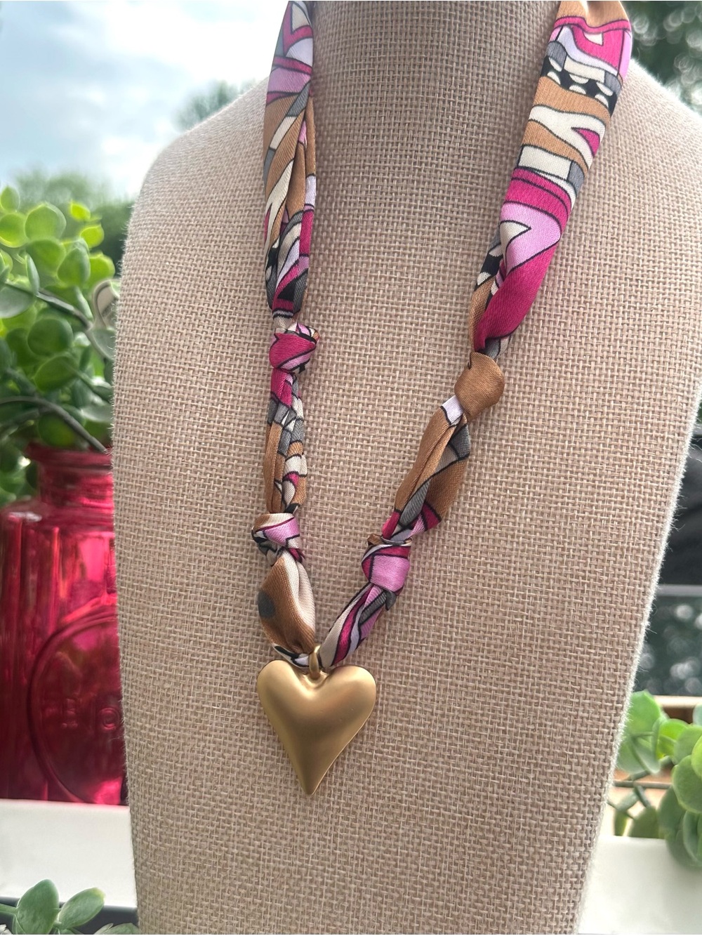Gold Heart Pendant Scarf Necklace with Pink & Tan Print